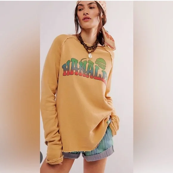 Free People Ragabond Studio gold hanalei Graphic Long Sleeve Top EUC sz m - Picture 1 of 4